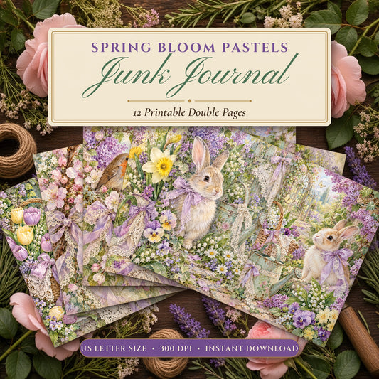 Spring Bloom Pastels junk journal printable pages fanned on a flower-strewn garden table