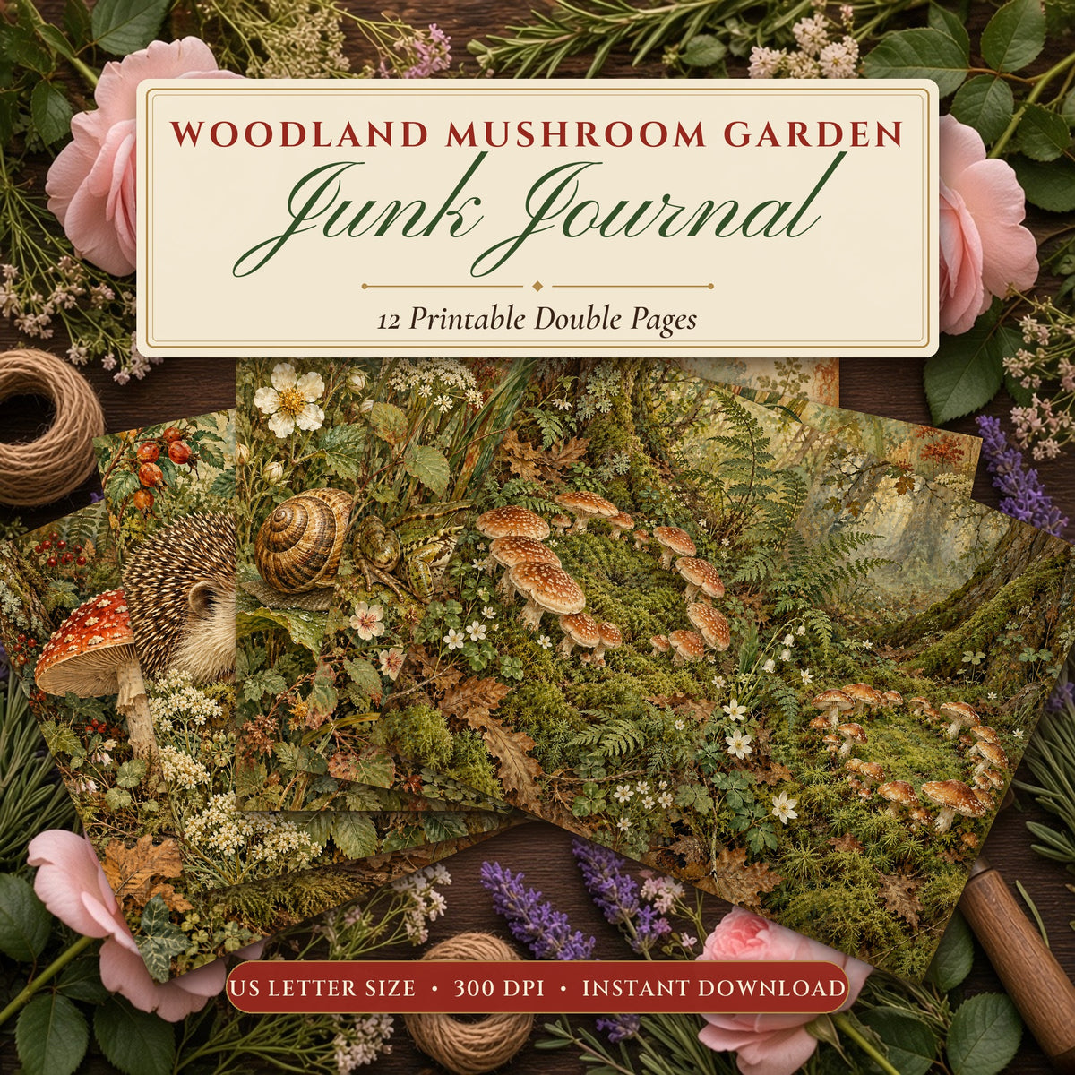 Woodland Mushroom Garden junk journal printable pages fanned on a flower-strewn garden table