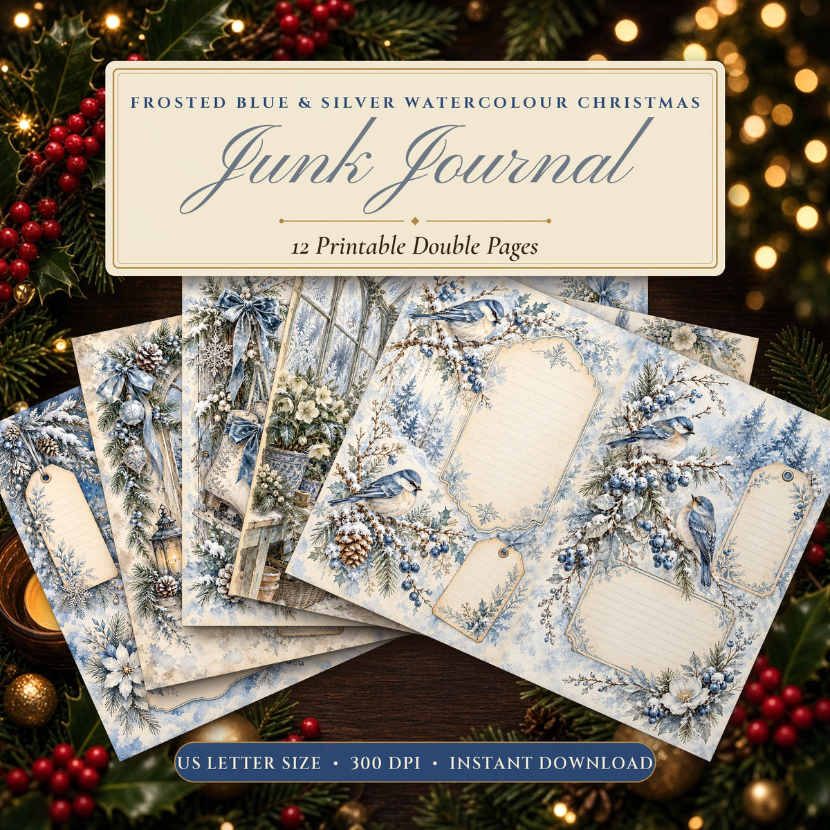 Frosted Blue & Silver Watercolour Christmas junk journal printable pages fanned on a festive table
