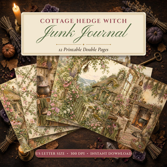 Cottage Hedge Witch junk journal printable pages fanned on a candlelit witch's table