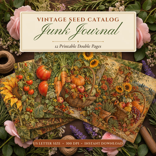 Vintage Seed Catalog junk journal printable pages fanned on a flower-strewn garden table