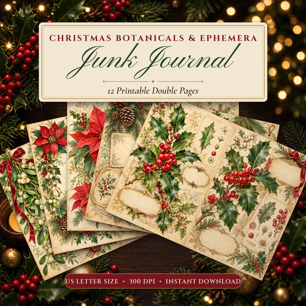 Christmas Botanicals & Ephemera junk journal printable pages fanned on a festive table