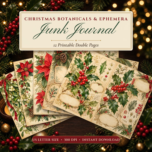 Christmas Botanicals & Ephemera junk journal printable pages fanned on a festive table