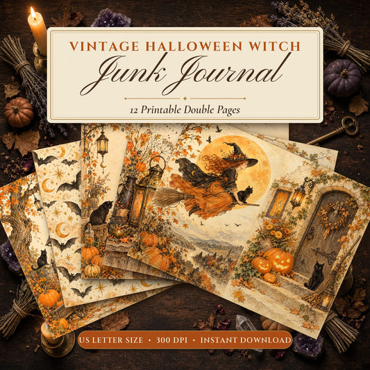 Vintage Halloween Witch junk journal printable pages fanned on a candlelit witch's table