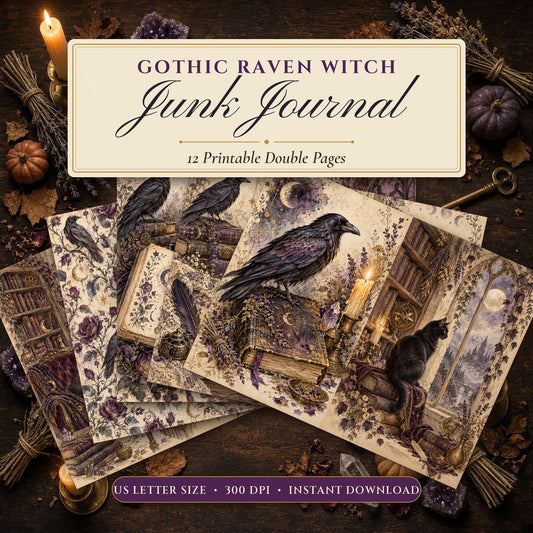 Gothic Raven Witch junk journal printable pages fanned on a candlelit witch's table