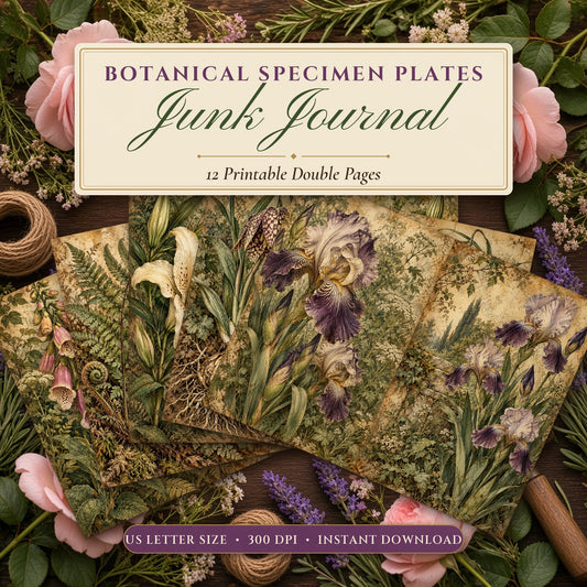 Botanical Specimen Plates junk journal printable pages fanned on a flower-strewn garden table
