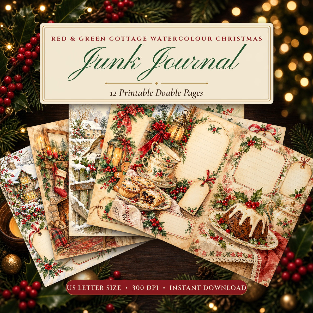 Red & Green Cottage Watercolour Christmas junk journal printable pages fanned on a festive table