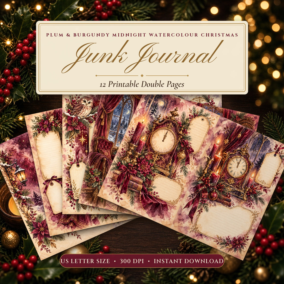 Plum & Burgundy Midnight Watercolour Christmas junk journal printable pages fanned on a festive table