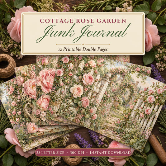 Cottage Rose Garden junk journal printable pages fanned on a flower-strewn garden table