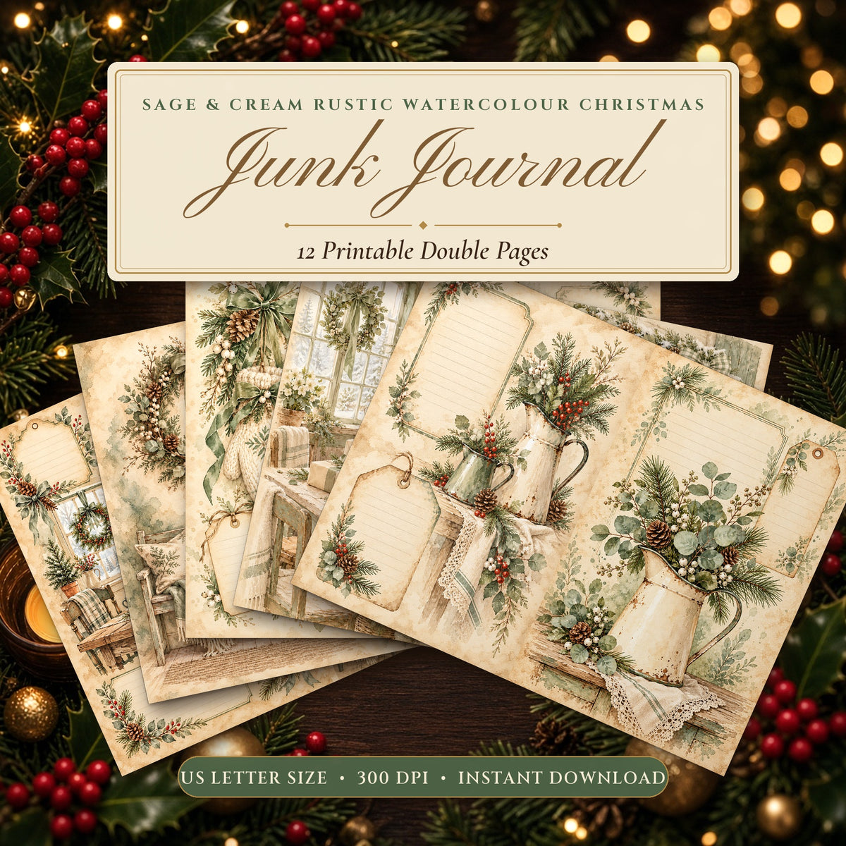 Sage & Cream Rustic Watercolour Christmas junk journal printable pages fanned on a festive table