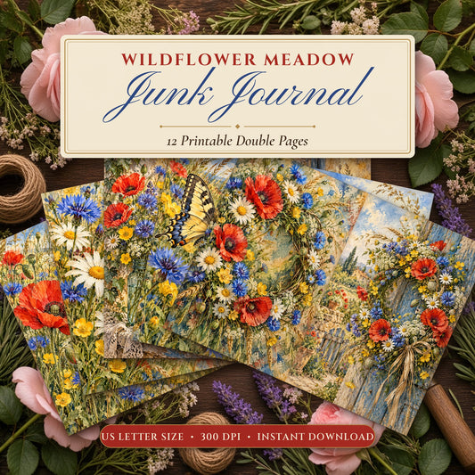 Wildflower Meadow junk journal printable pages fanned on a flower-strewn garden table