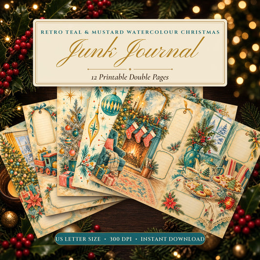 Retro Teal & Mustard Watercolour Christmas junk journal printable pages fanned on a festive table