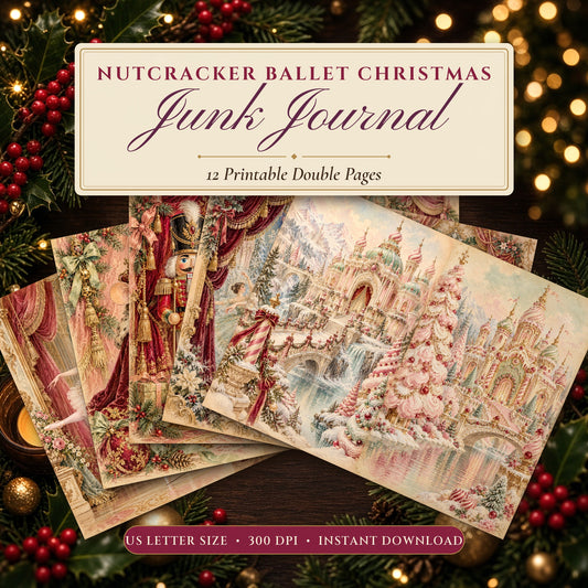 Nutcracker Ballet Christmas junk journal printable pages fanned on a festive table