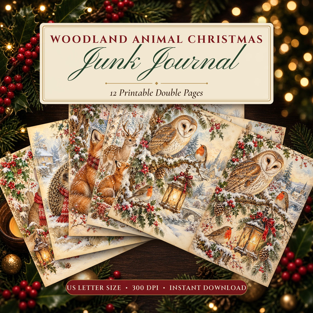 Woodland Animal Christmas junk journal printable pages fanned on a festive table