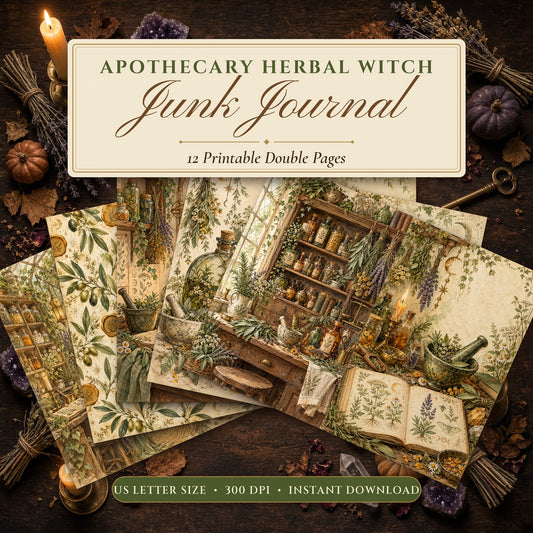 Apothecary Herbal Witch junk journal printable pages fanned on a candlelit witch's table