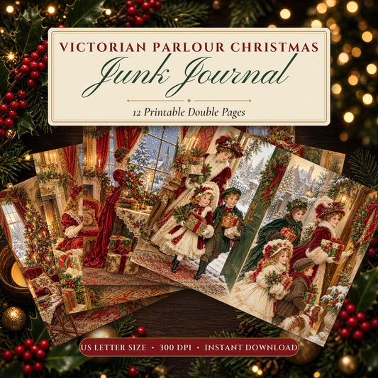 Victorian Parlour Christmas junk journal printable pages fanned on a festive table