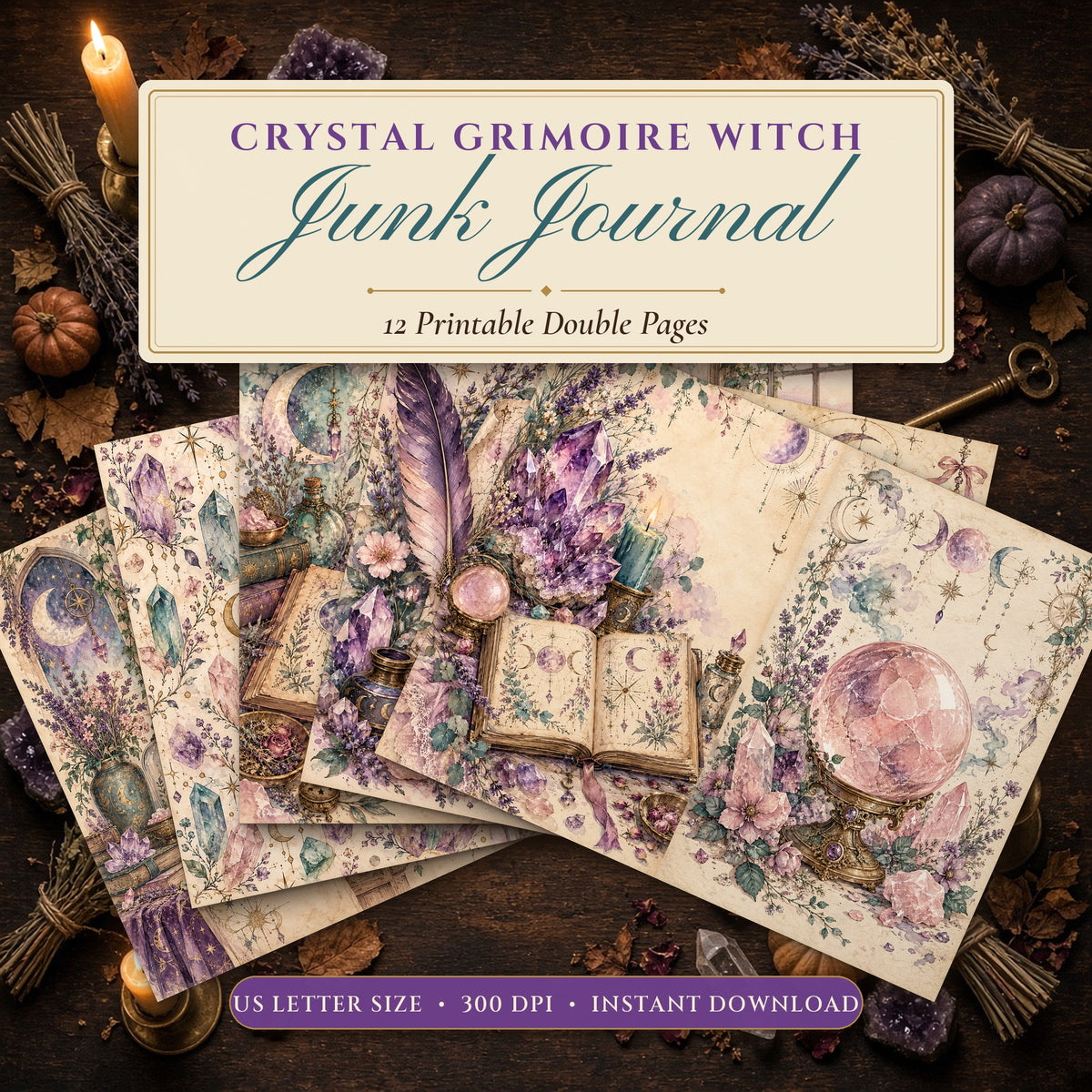 Crystal Grimoire Witch junk journal printable pages fanned on a candlelit witch's table