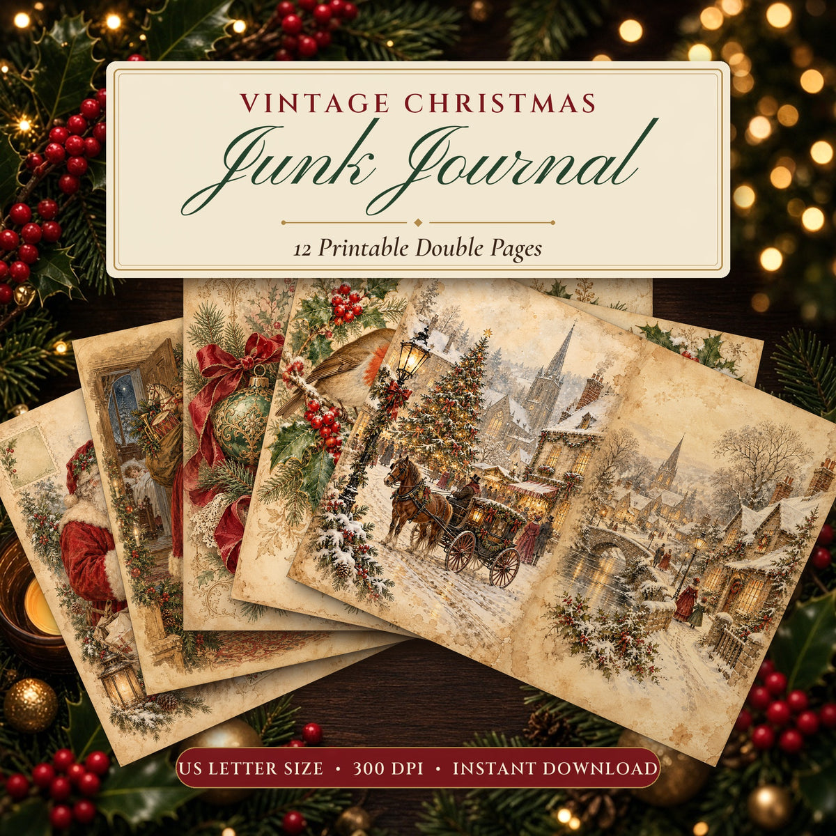 Vintage Christmas junk journal printable pages fanned on a festive table