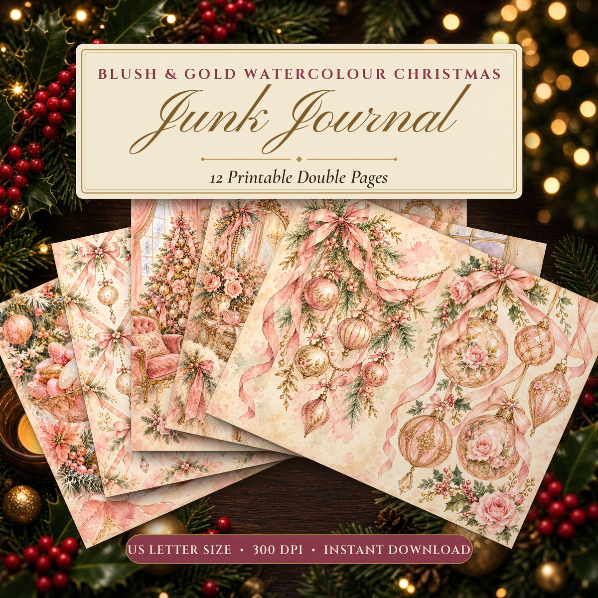 Blush & Gold Watercolour Christmas junk journal printable pages fanned on a festive table