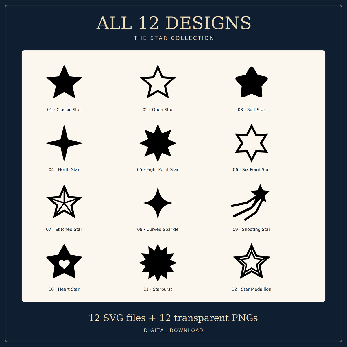 Star SVG Pack – 12 Star Designs with Transparent PNGs for Paper Crafts, Vinyl and Sublimation