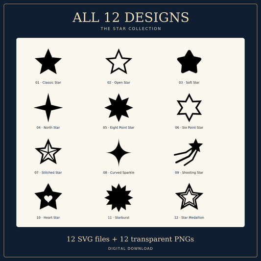 Star SVG Pack – 12 Star Designs with Transparent PNGs for Paper Crafts, Vinyl and Sublimation