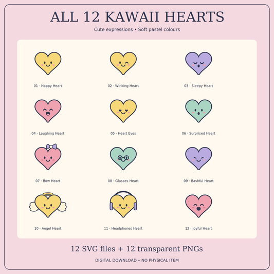 Kawaii Hearts SVG Pack – 12 Cute Pastel Heart Characters with Transparent PNGs for Crafts and Sublimation