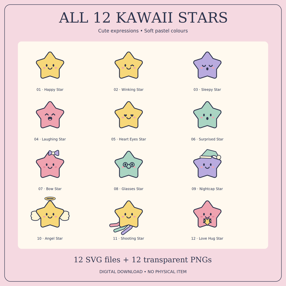 Kawaii Stars SVG Pack – 12 Cute Pastel Star Characters with Transparent PNGs for Crafts and Sublimation