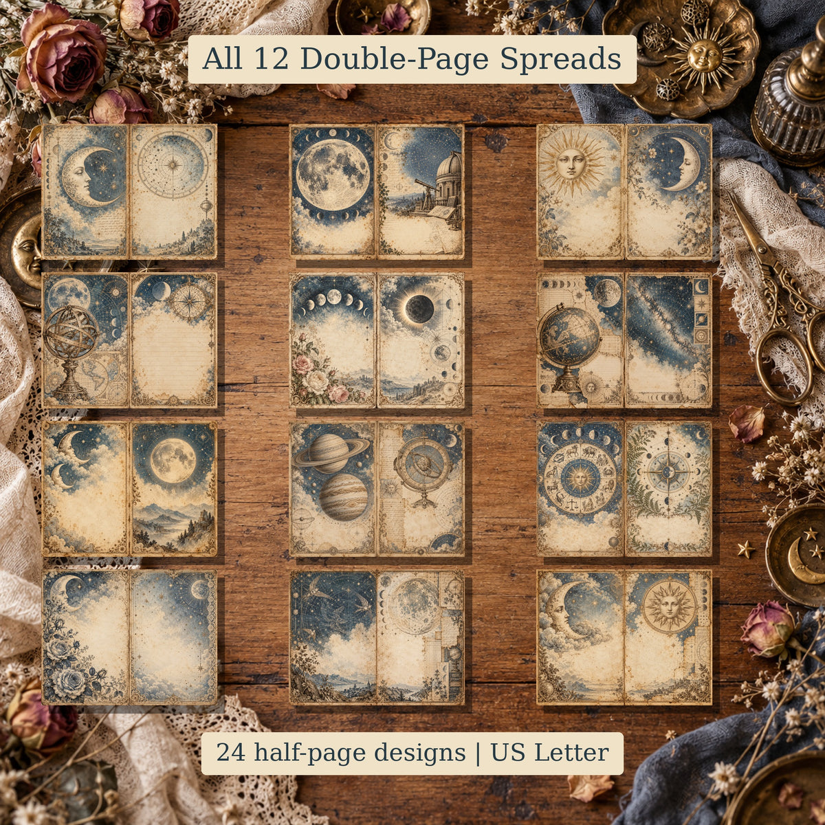 Faded Celestial Atlas Junk Journal Kit - 12 Double-Page Spreads + 6 Ephemera Sheets