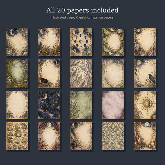 Moonlit Grimoire Witchcraft Junk Journal Kit - 20 Papers + 5 Ephemera Sheets