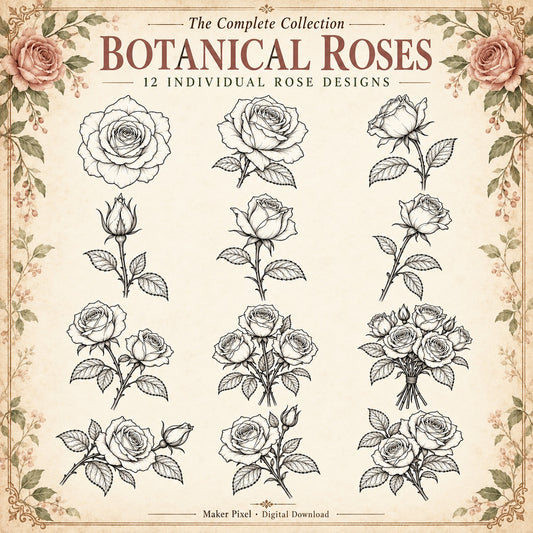 Botanical Roses SVG Pack – 12 Vintage Fine Art Line Drawings