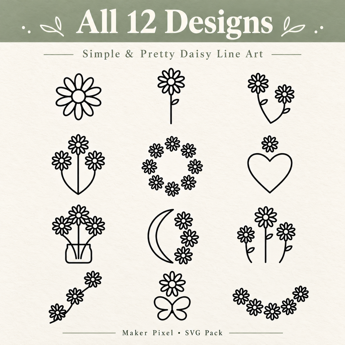 Daisy Doodles SVG Pack – 12 Simple Floral Line Art Designs
