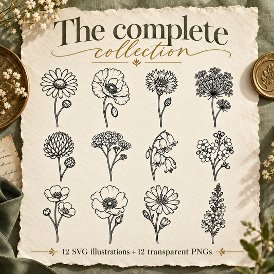 Vintage Wildflower SVG Set - 12 Fine Line Botanical Illustrations