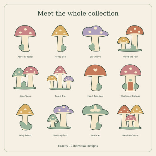 Woodland Mushroom SVG Pack, 12 Cottagecore Cut Designs and Transparent PNGs for Crafts