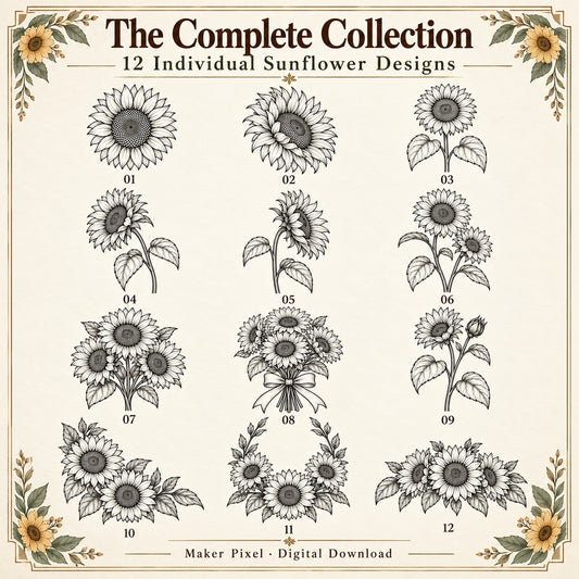 Botanical Sunflowers SVG & PNG Pack – 12 Vintage Line Art Designs