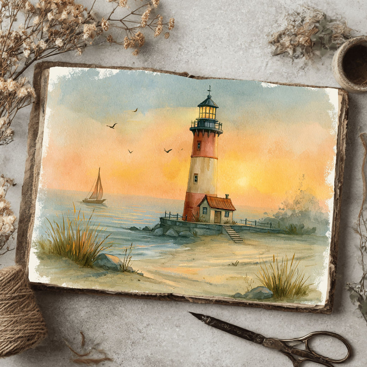 Watercolor Lighthouse Coastal Scene