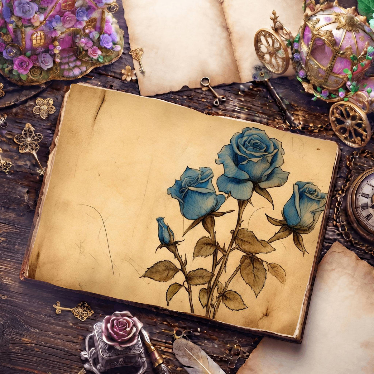 Decaying Blue Roses Digital Papers