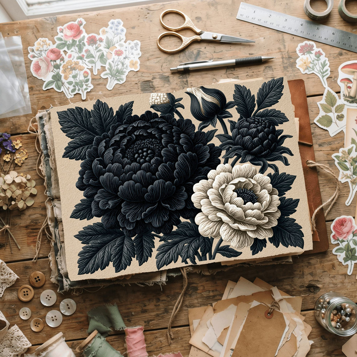 Vintage Black Ink Floral Illustration