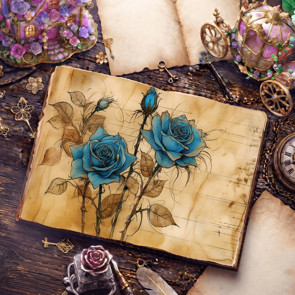 Decaying Blue Roses Digital Papers