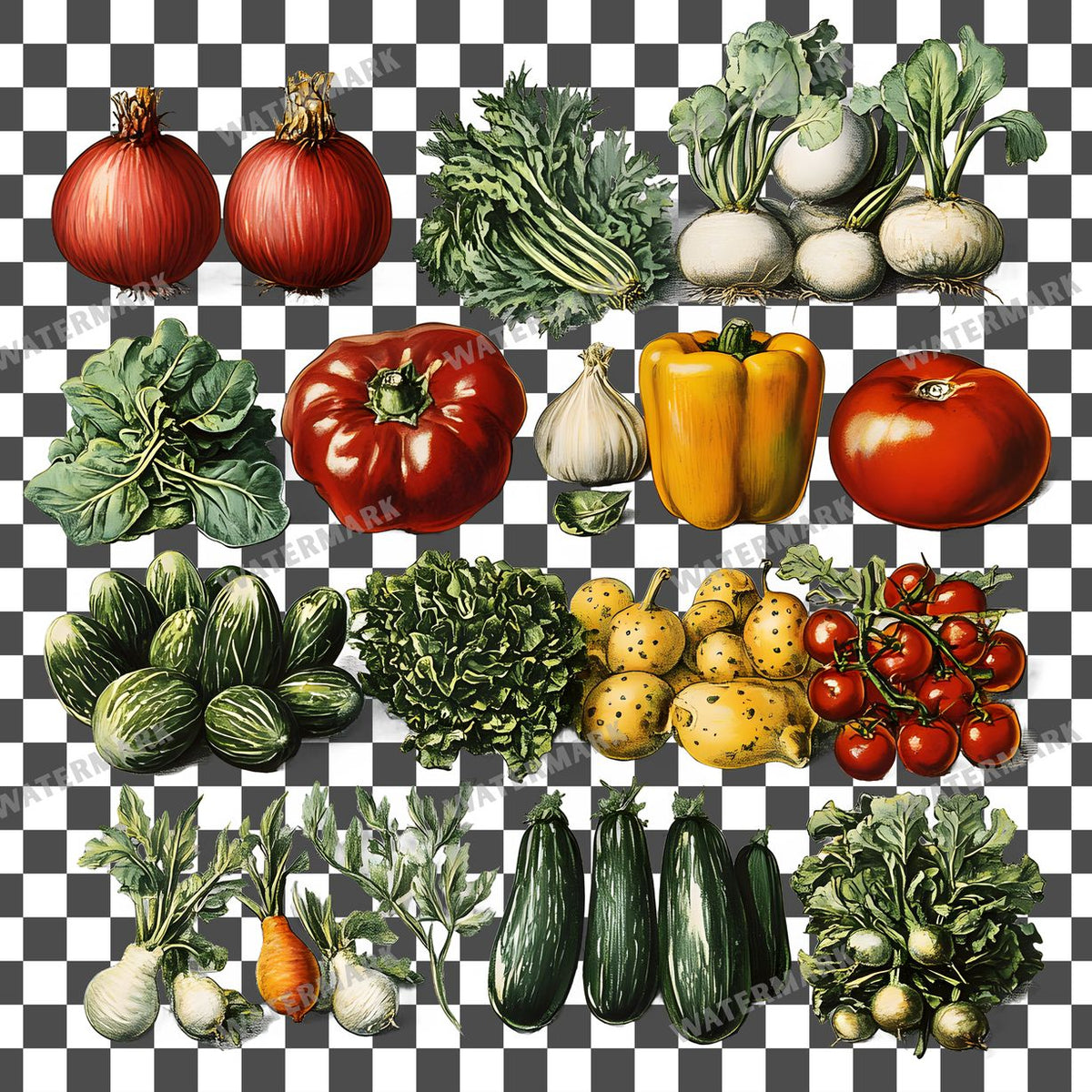 Vegetables Vintage Style Clipart Pngs