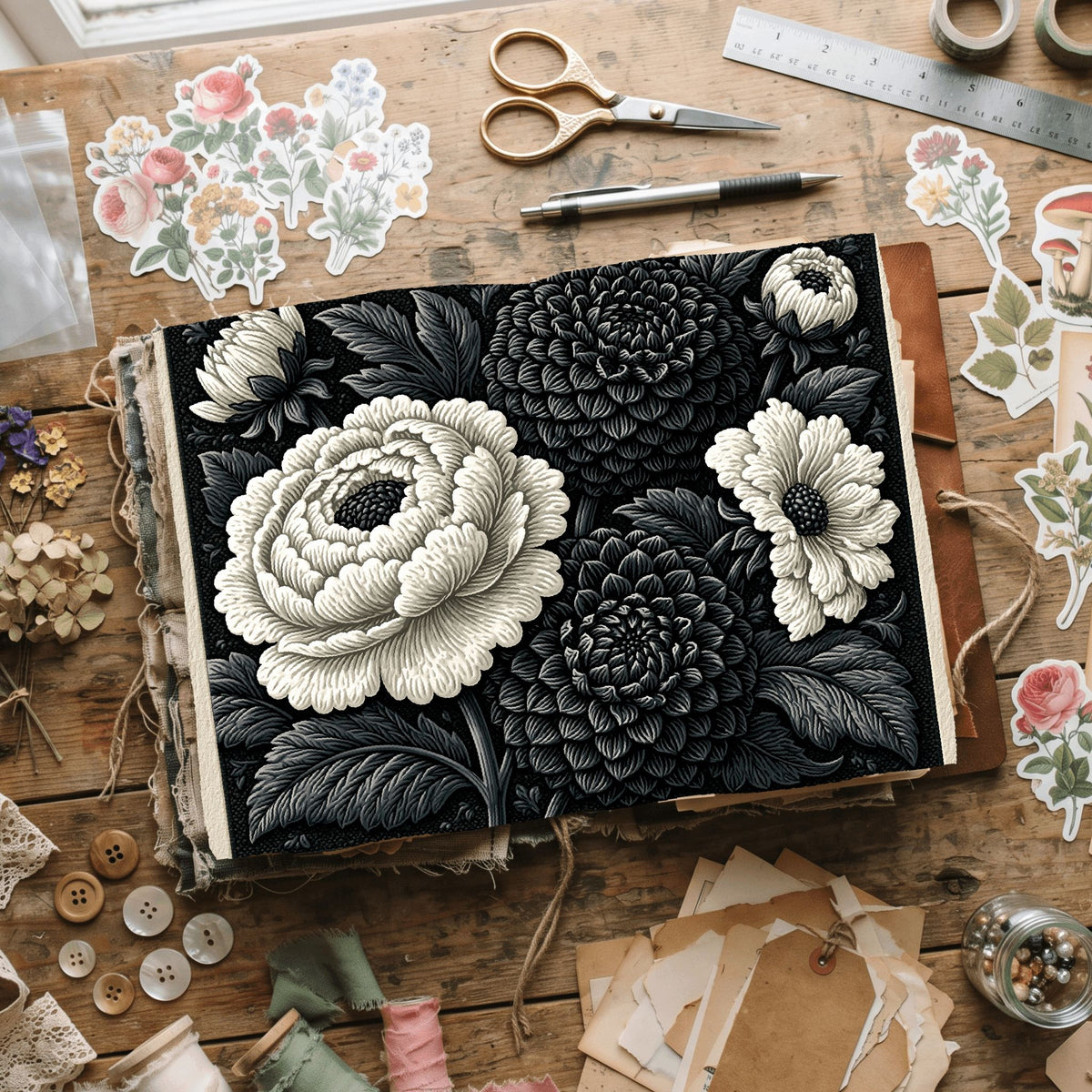 Vintage Black Ink Floral Illustration