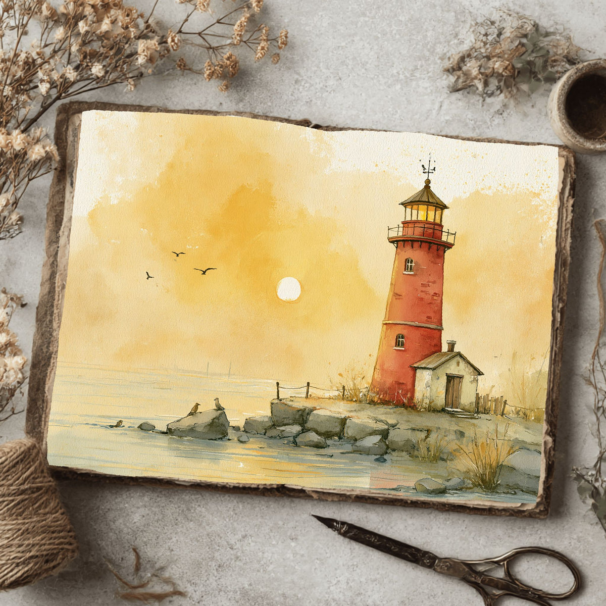 Watercolor Lighthouse Coastal Scene