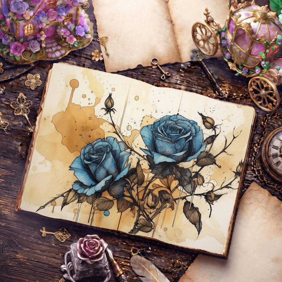 Decaying Blue Roses Digital Papers