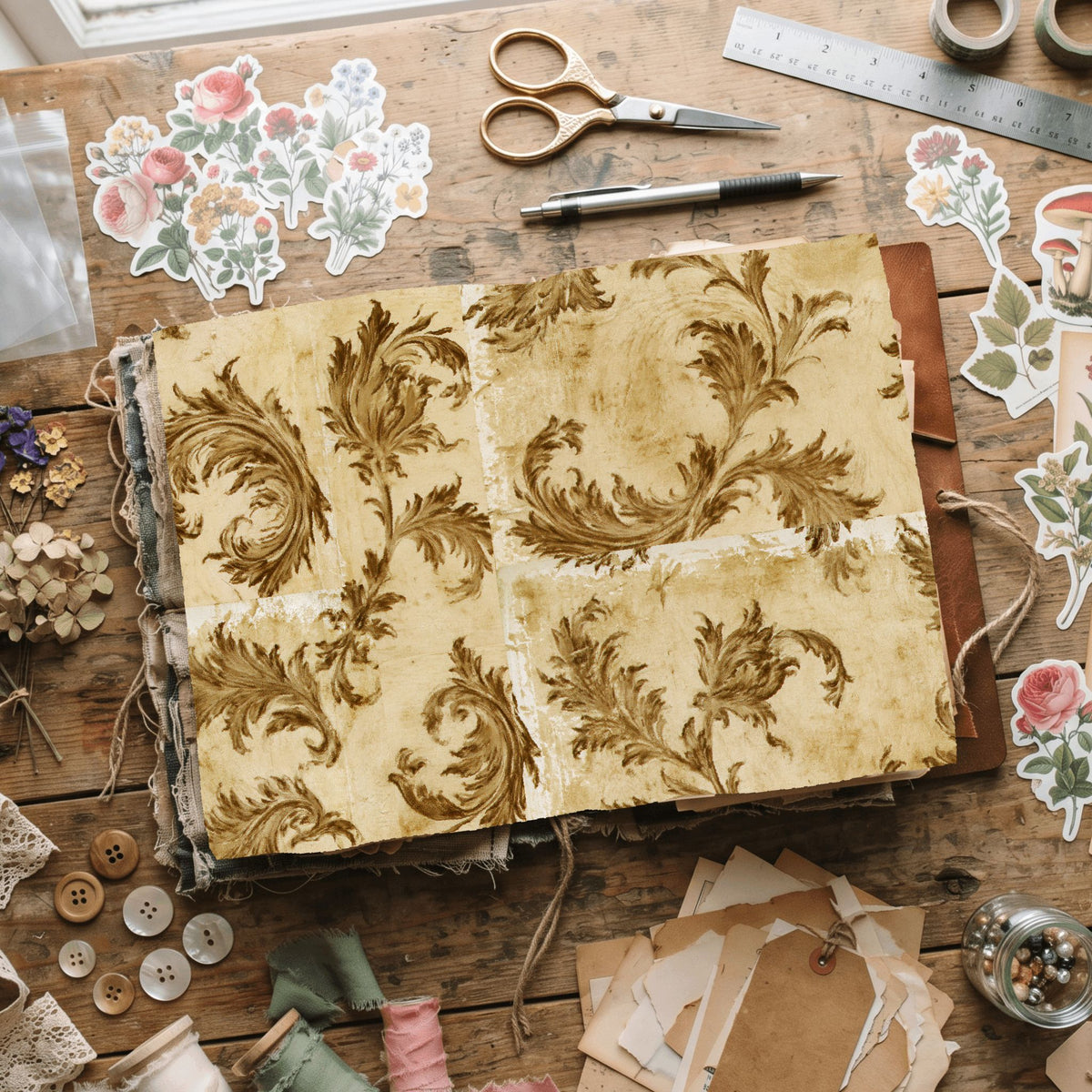 Aged Sepia Floral Vine Wallpaper