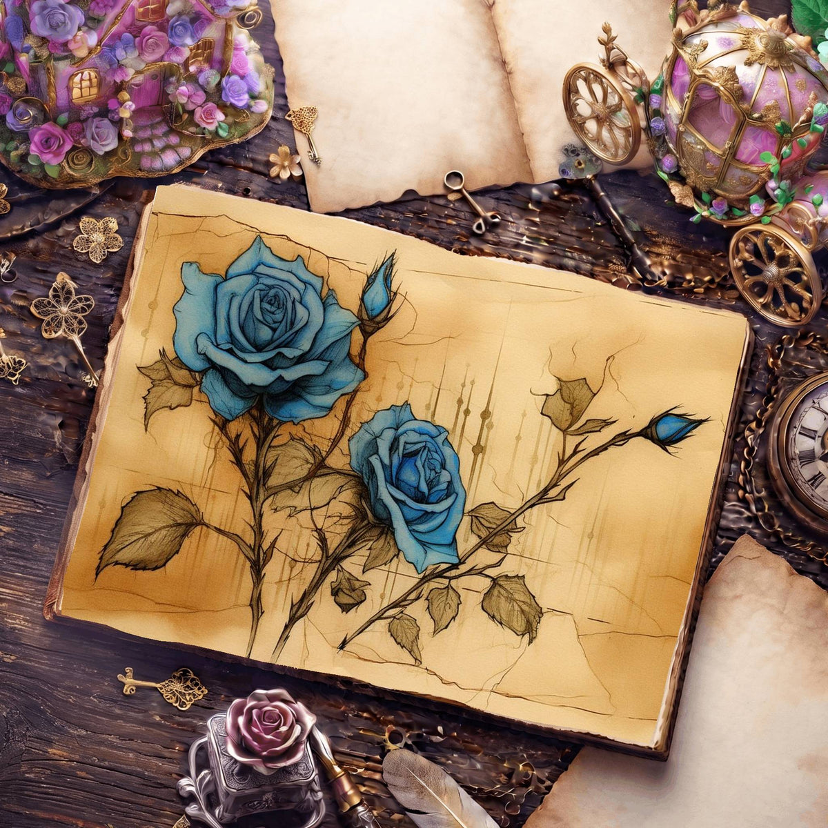 Decaying Blue Roses Digital Papers