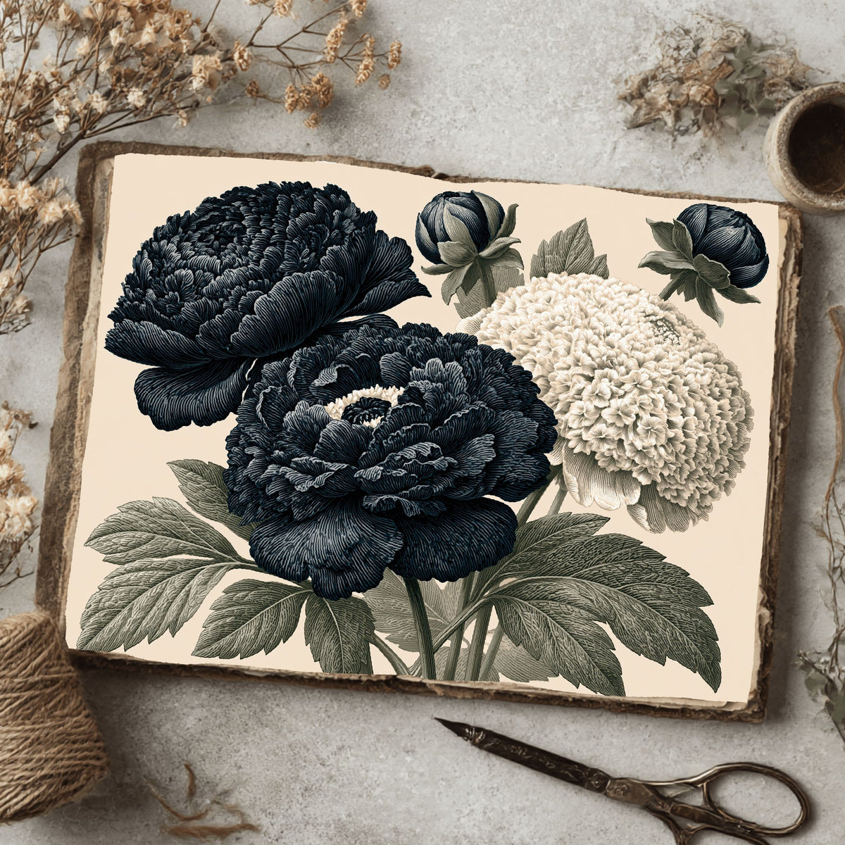 Vintage Black Ink Floral Illustration