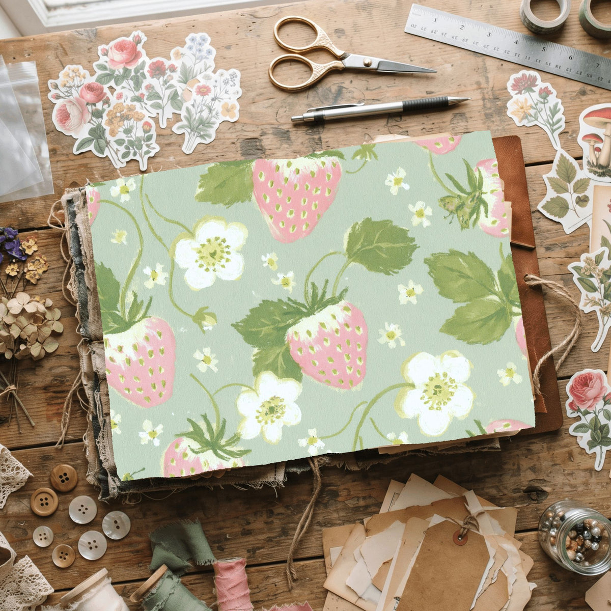 Strawberry Botanical Scrapbook Paper