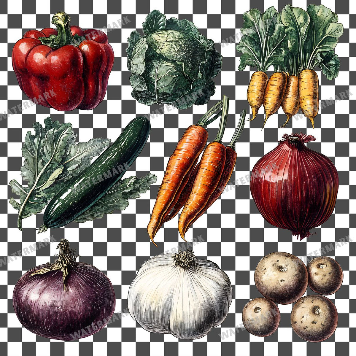 Vegetables Vintage Style Clipart Pngs