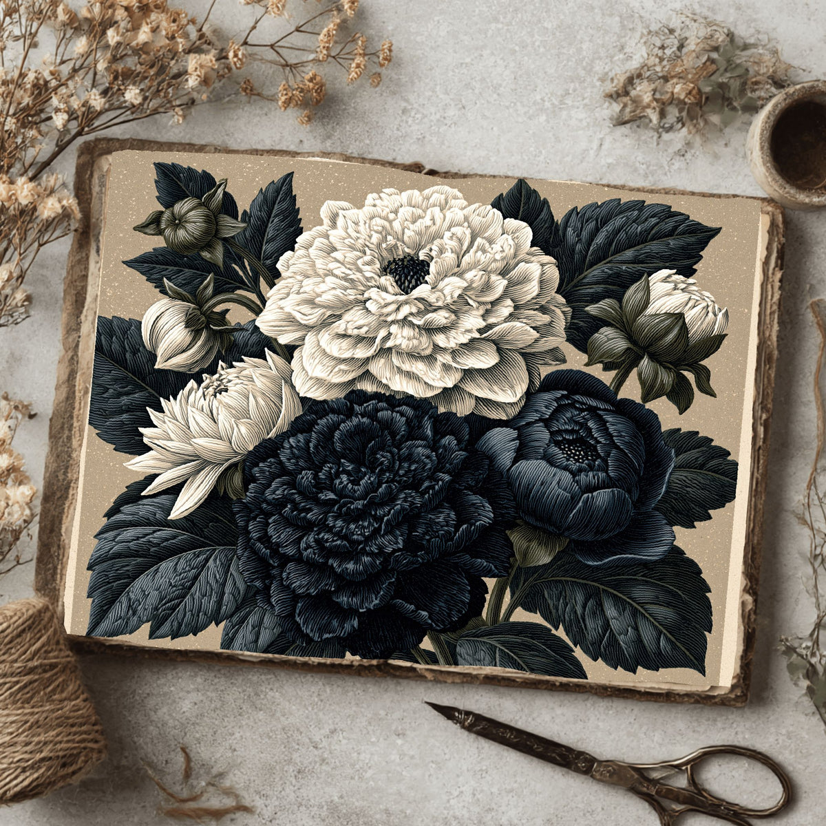 Vintage Black Ink Floral Illustration