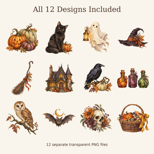 Vintage Halloween Watercolour PNG Clipart Pack, 12 Transparent Designs for Cards, Stickers, Scrapbooking and Sublimation