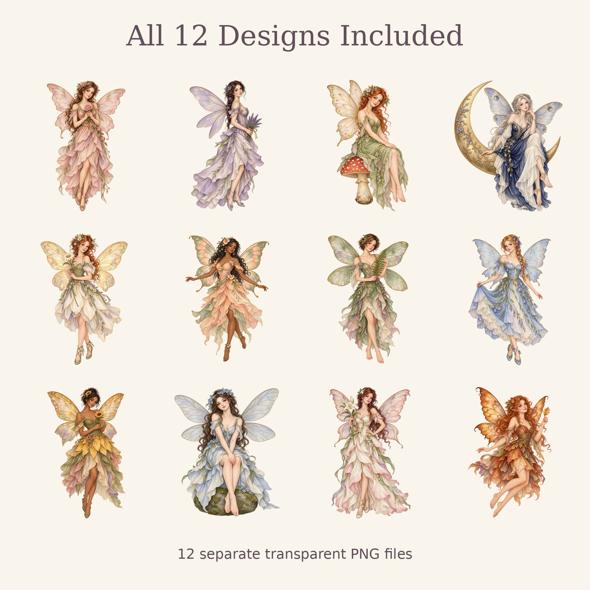 Vintage Fairy Watercolour PNG Clipart Pack, 12 Flower and Woodland Fairies for Cards, Stickers, Scrapbooking and Sublimation